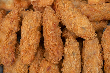 Chicken rolls are being sold at Territy Bazar, Kolkata. Chicken wrapped and fried with a slight crispy outer layer. Popular items for chinese breakfast.