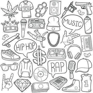 Hip Hop Doodle Icons. Hand Made Line Art. Rap Clipart Logotype Symbol Design.
