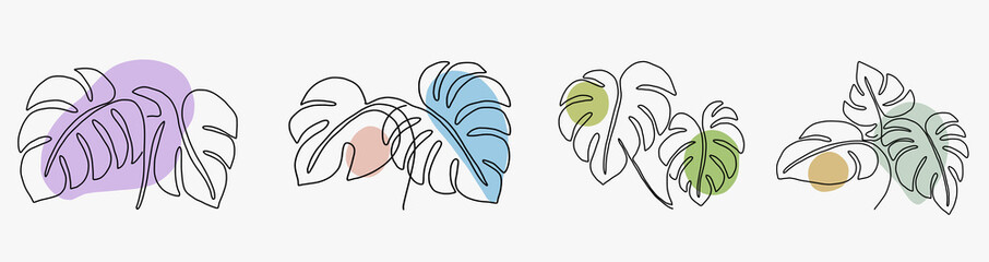 Simplicity monstera leaf freehand continuous line drawing flat design. © tanarch