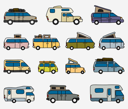Camping car and recreation vehicle doodle freehand drawing collection.