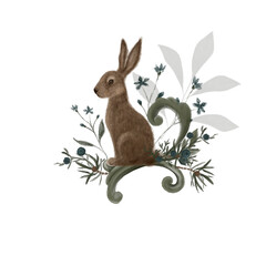 Vintage woodland emblem clip art. Bunny on a branch