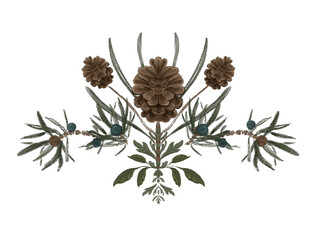 Vintage woodland clip art pine cones on a branch