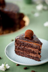 Chocolate and cherry cake on a floral background and a great background