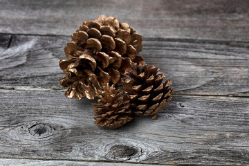Close up view of gold color pinecones for the holiday season