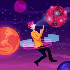 Metaverse. Virtual reality. The man put on glasses and was in space. Vector stock illustration. Technology of the future.