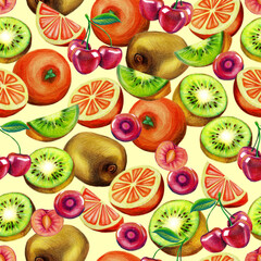 Seamless pattern of oranges, cherries and kiwis whole and in slices drawn with colored pencil. Pattern for packaging, wrapping paper, fabric and wallpaper.