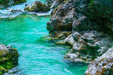 The beautifull emerald green river Soca in the middle of the triglav national park, Slovenia