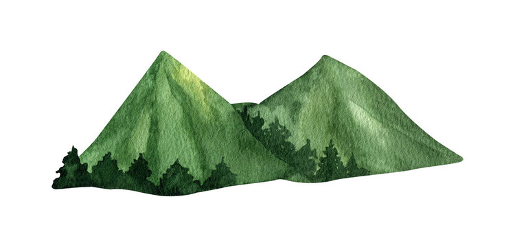 Adorable hand painted watercolor green mountain