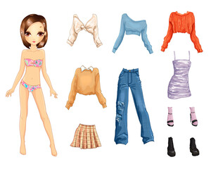 Paper doll with stylish youthful modern clothes