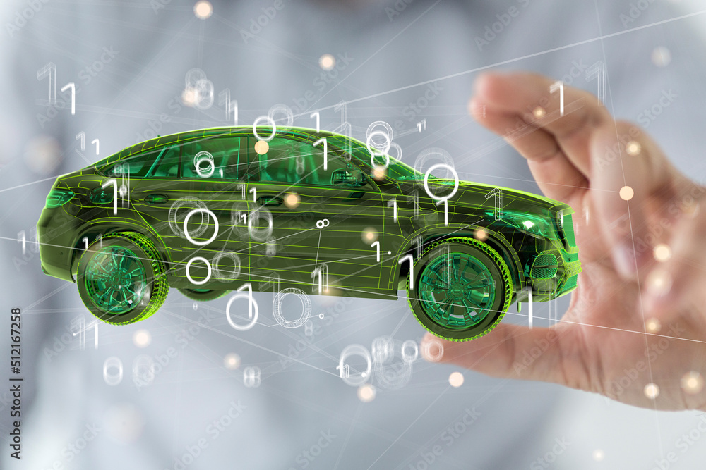 Poster autonomous car with hud graphic of navigation system driving