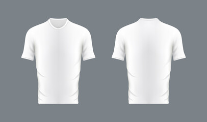 White t-shirt in front and back. Mockup of tshirt. White mockup of t-shirt for polo. 3d tshirt with short sleeve. Blank design template. Realistic mock up for sport, uniform and promotion. Vector