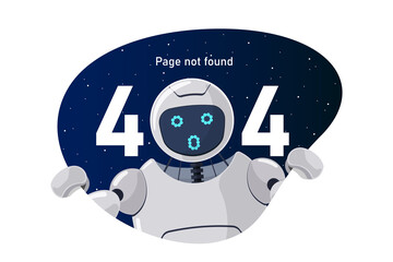 Website page not found error 404. Oops worried robot character peeking out of outer space. Site crash on technical work web design template with chatbot mascot. Cartoon online bot assistance failure