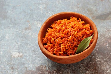 Jollof Rice. Traditional Nigerian spicy rice dish. National Jollof Rice day.