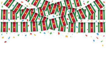 Suriname flags garland white background with confetti, Hanging bunting for Independence Day celebration template banner, Vector illustration