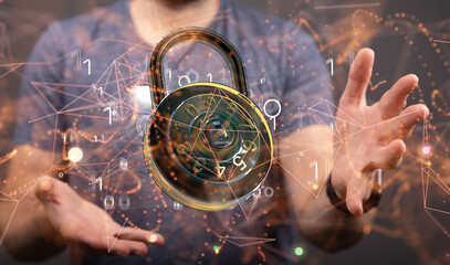 Businessman using digital padlock with data protection 3D rendering