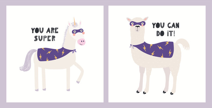Cute funny animals superheroes, llama, unicorn, quotes. Posters, cards collection. Hand drawn animal vector illustration. Scandinavian style flat design. Concept for kids fashion, textile print.