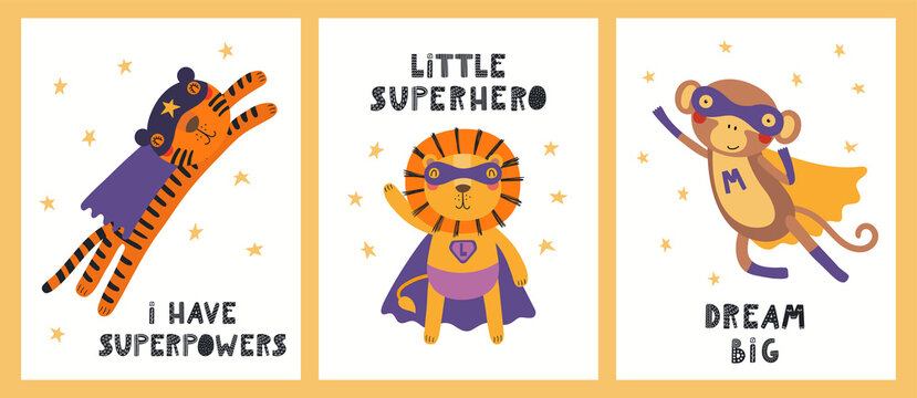 Cute funny animals superheroes, lion, tiger, monkey, quotes. Posters, cards collection. Hand drawn animal vector illustration. Scandinavian style flat design. Concept for kids fashion, textile print.