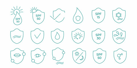 SPF 50, 30, 15 sun protection icon set. Vector stock illustration isolated on white background for packaging design sunscreen face cream, body lotion, hair shampoo. 