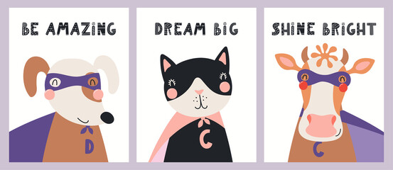Cute funny animals superheroes, cat, cow, dog, quotes. Posters, cards collection. Hand drawn animal vector illustration. Scandinavian style flat design. Concept for kids fashion, textile print.