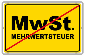 Gelbes Schild und Mehrwertsteuer MWST Illustration auf weissem Hintergrund - obrazy, fototapety, plakaty