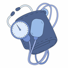 Mechanical tonometer with cuff, pressure gauge and stethoscope. Aneroid sphygmomanometer in cartoon style isolated on a white. A device for measuring blood pressure