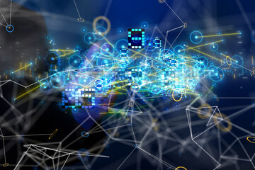 Neural network 3D illustration. Big data and cybersecurity