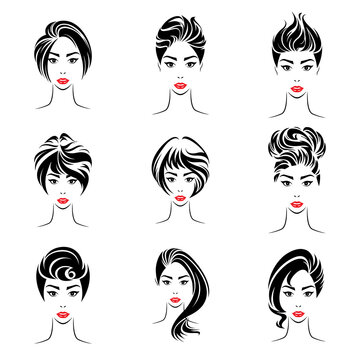 Women long hair style icon, logo women face on white background, vector