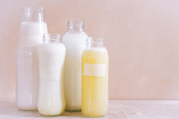 Homemade vegetable milk in glass bottles