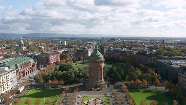 Autumn aerial cityscape of Mannheim city, Baden-W&uuml;rttemberg, Germany. Friedrichsplatz with the Mannheim Water Tower (Wasserturm) in the foreground
