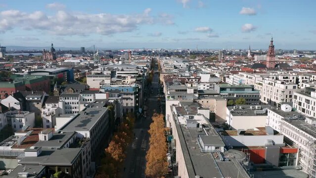 Autumn aerial view on the street of the Central district of Mannheim city, Baden-W&uuml;rttemberg, Germany

