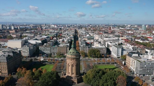 Autumn aerial cityscape of Mannheim city, Baden-W&uuml;rttemberg, Germany. Friedrichsplatz with the Mannheim Water Tower (Wasserturm) in the foreground