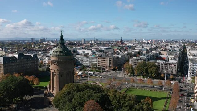Autumn aerial cityscape of Mannheim city, Baden-W&uuml;rttemberg, Germany. Friedrichsplatz with the Mannheim Water Tower (Wasserturm) in the foreground