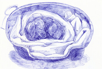 An hand drawn illustration, scanned picture - an dog, sleeping dachshund - pen technique