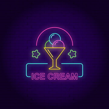 Vintage Glow Poster with Ice Cream Cream Balls in Cone, Candies and Inscription. Neon Lettering. Template for Flyer, Banner, Invitation. Brick Wall. Vector 3d Illustration. Clipping Mask, Editable EPS