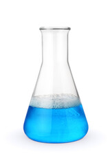 Erlenmeyer chemical flask with blue detergent isolated.