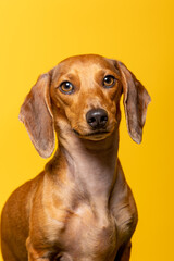 Studio portrait of a small brown dachshund on yellow background
