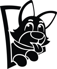Black and White Cartoon Illustration Vector of a Puppy Dog Leaning out of a Window