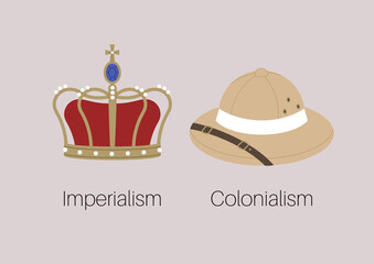 Imperialism and colonialism symbols, a royal crown and a hunter cork cat. - obrazy, fototapety, plakaty