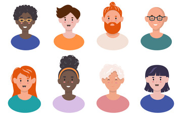 Set of female people avatars. Diverse group of women in various ages, skin colors, nationalities. Happy face expression.