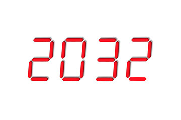 The dial of the electronic clock which shows the year 2032,isolated on a white background