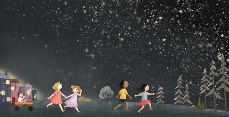 illustration of children walking in the evening