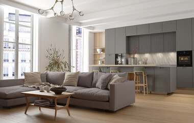 Modern interior of white kitchen with living room. 3d render	