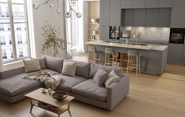 Modern interior of white kitchen with living room. 3d render	