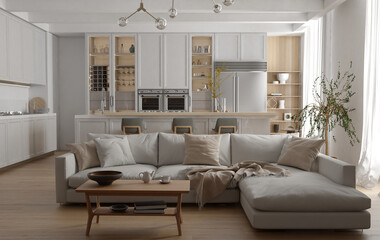 Modern interior of white kitchen with living room. 3d render	