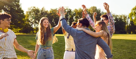 Foto op Plexiglas Bunch of happy young friends all together having fun on warm sunny day in summer park. Diverse group of cheerful joyful positive people standing on green lawn, smiling and giving each other high five © Studio Romantic