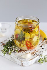 Marinated Feta or Halloumi Cheese with Garlic Infused Oil. Copy space