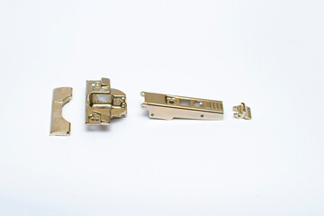 furniture hinge in disassembled form on a white background.