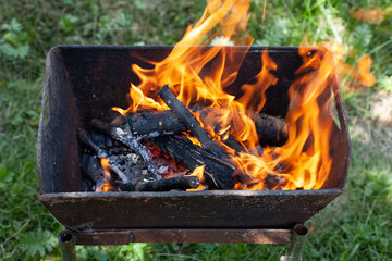Firewood is burning in the barbecue. Against the background of green grass.