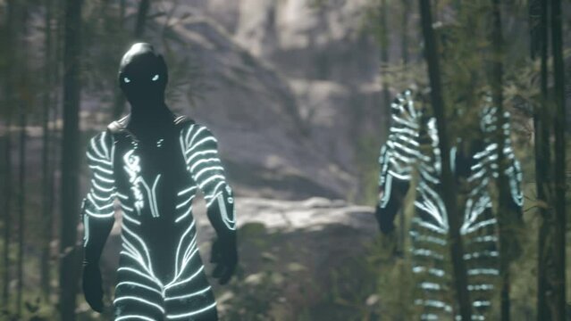 Group of Aliens Walks in a Bamboo Forest 3D Rendering Animation Cinematic Scene 4K