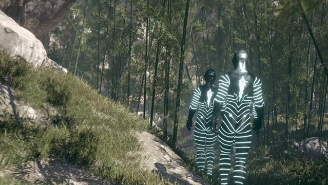 Group of Aliens Walks in a Bamboo Forest 3D Rendering Animation Film 4K
